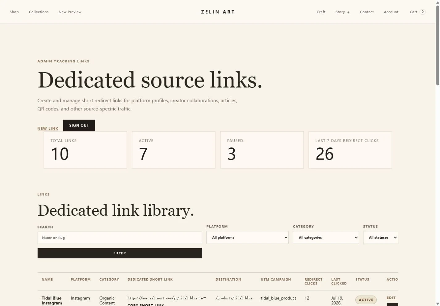 ZELIN ART tracking links administration