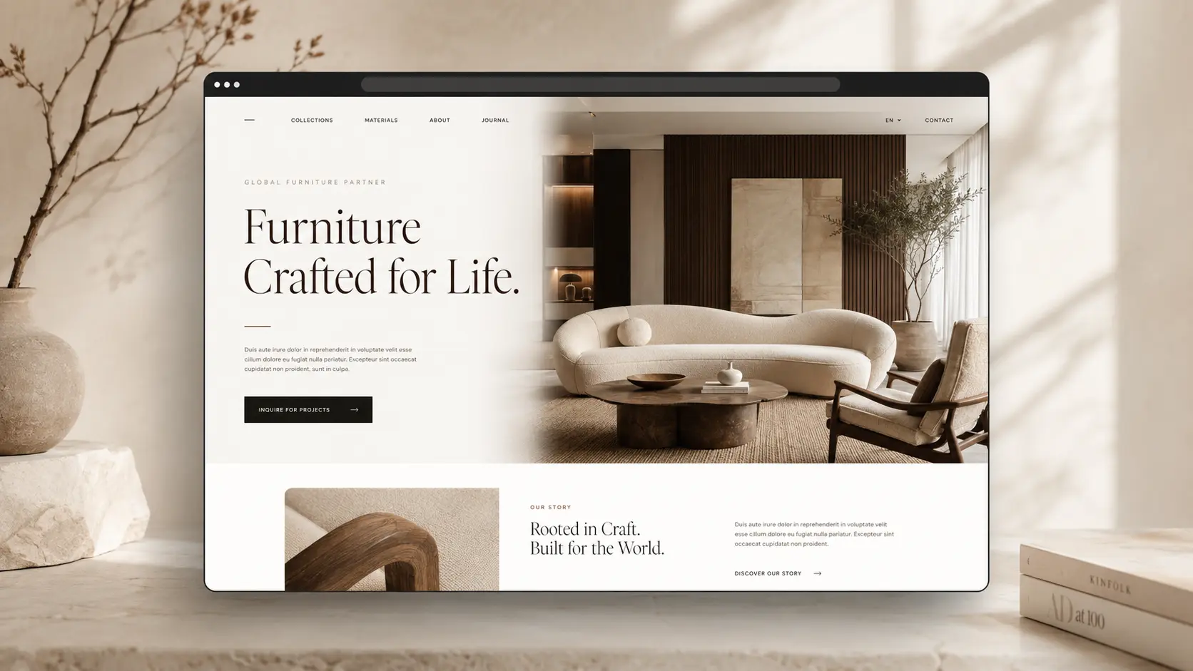 Furniture export brand website concept homepage mockup