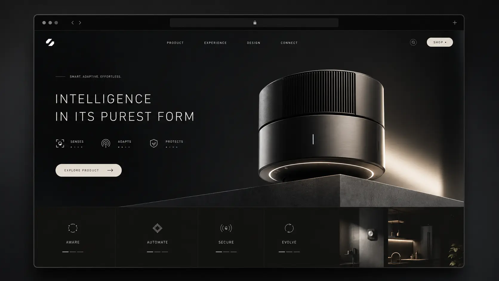 Smart hardware product narrative website concept homepage mockup